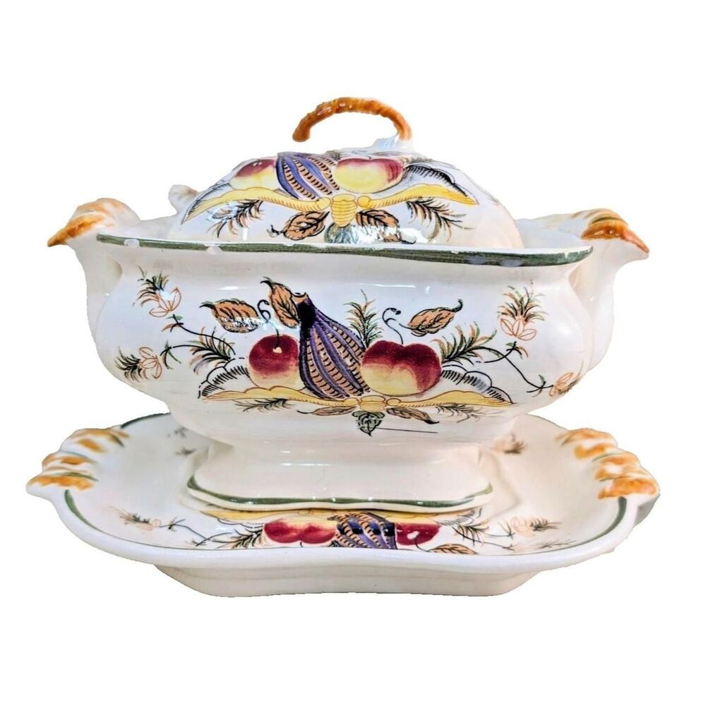 Italian Ceramic Tureen Set includes a platter, ladle, lid, tureen, handpainted